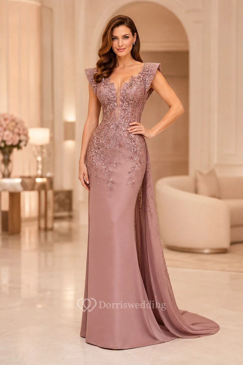 Robe de soirée sirène en dentelle rose poudré à manches courtes, dos nu en V et traîne.