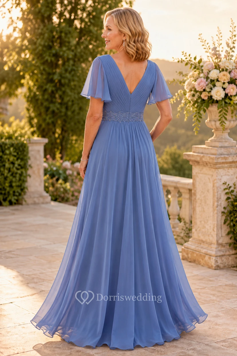 Robe mère bleu acier en mousseline de soie, col en V, coupe trapèze, manches papillon view 2