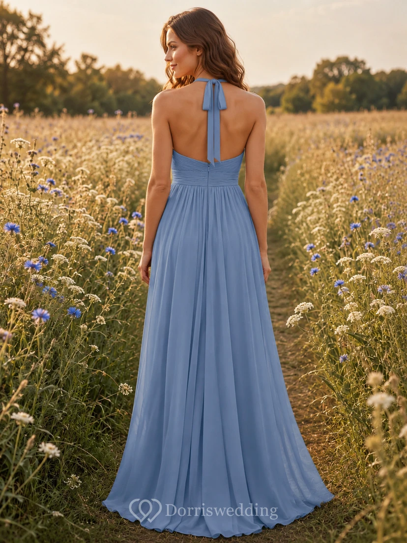 Steel Blue Chiffon A-Line Halter High Neck Sleeveless Draped Open Back Floor-Length Bridesmaid Dress view 2