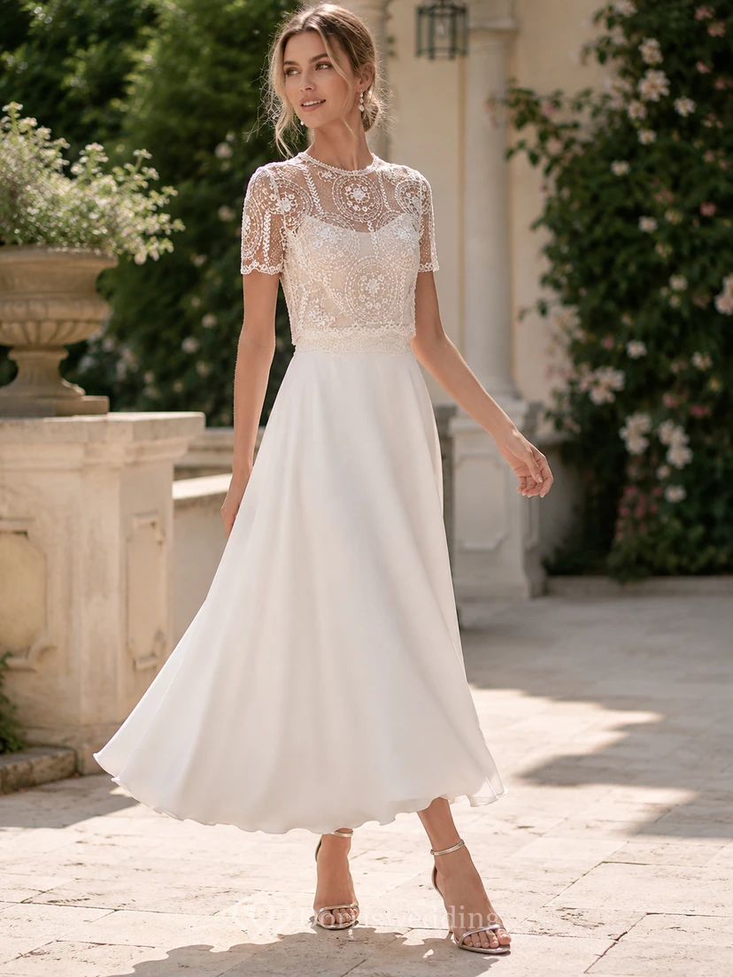 Vintage zweiteiliges, kurzärmeliges Chiffon-Hochzeitskleid in Teelänge mit Spitzenoberteil view 8