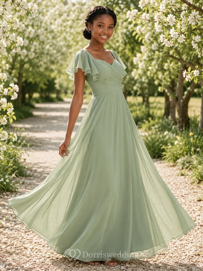 Vestido de dama de honor juvenil color celadón, corte en A, escote redondo, manga corta, pétalos plisados, estilo romántico.