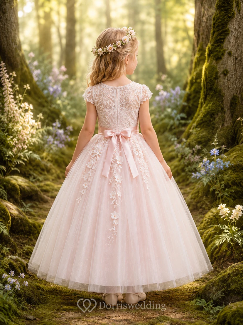 Blumenmädchenkleid aus perlmuttrosa Spitze und Tüll, A-Linie, kurze Ärmel, Rundhalsausschnitt, Teelänge, florale Applikationen view 2