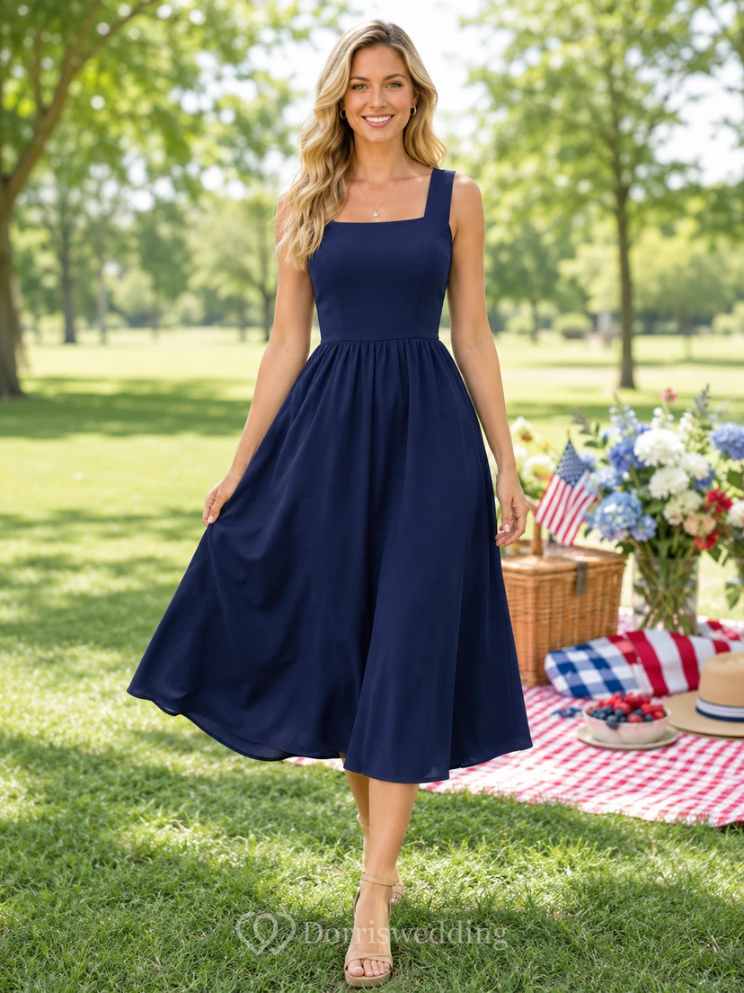 Navy Square Neck Sleeveless Midi Fourth Of July Dress