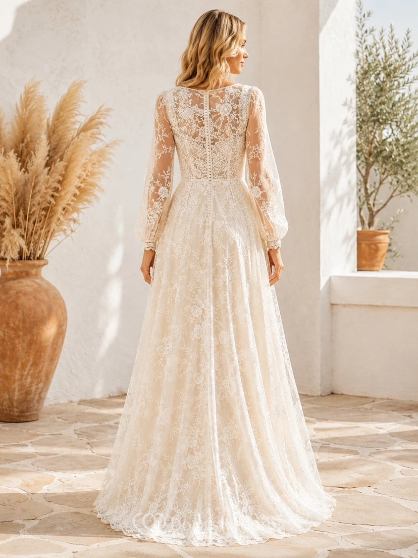 Vestido de novia bohemio de manga larga, corte en A, escote en V y encaje, largo hasta el suelo, para compromiso o boda. view 2