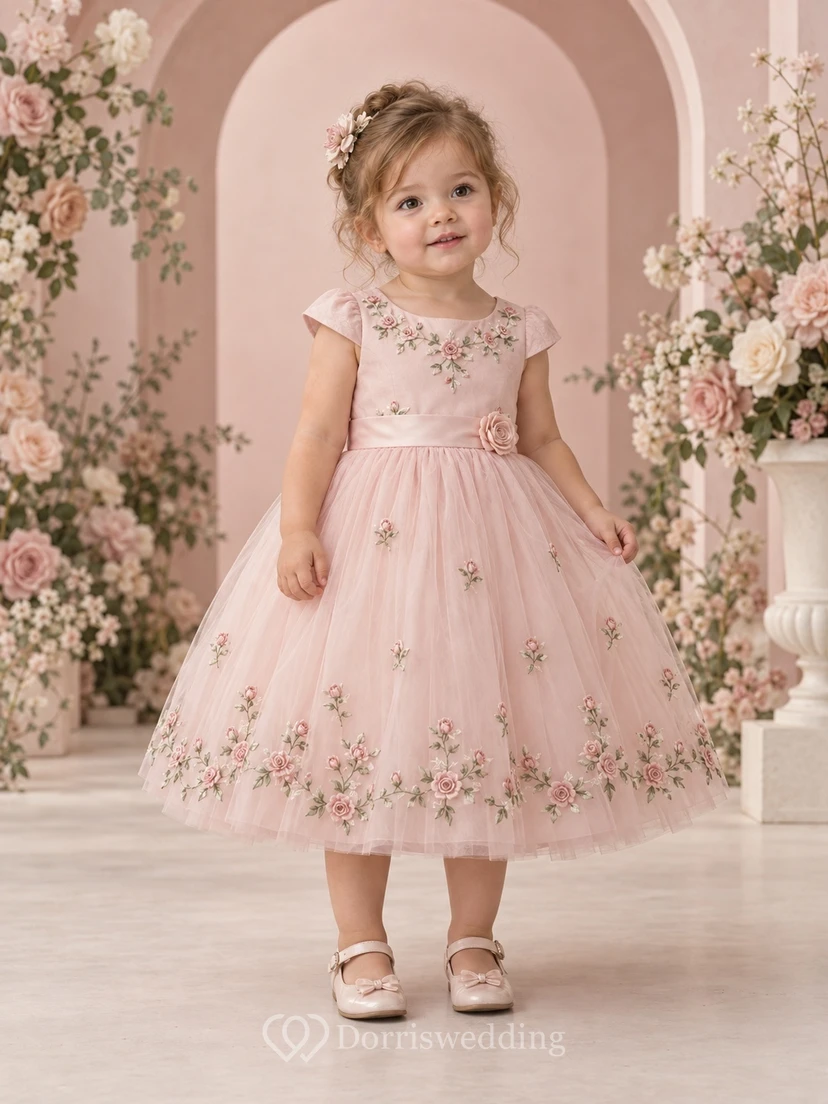Teelanges, zartrosa geblümtes Sommerkleid in A-Linie aus Tüll mit kurzen Ärmeln und Rosetten-Taille für Blumenmädchen