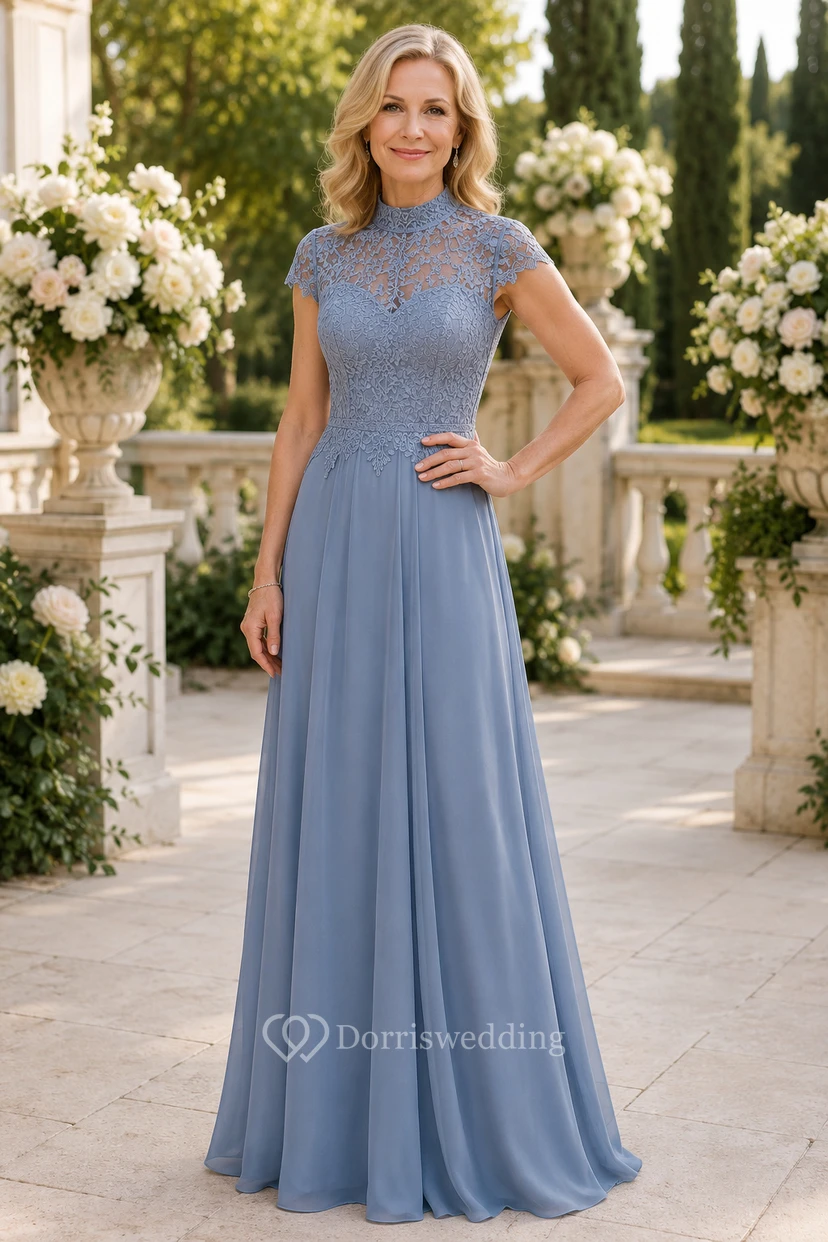 Dusty Blue Lace Bodice A-Line Mother Dress with Cap Sleeves