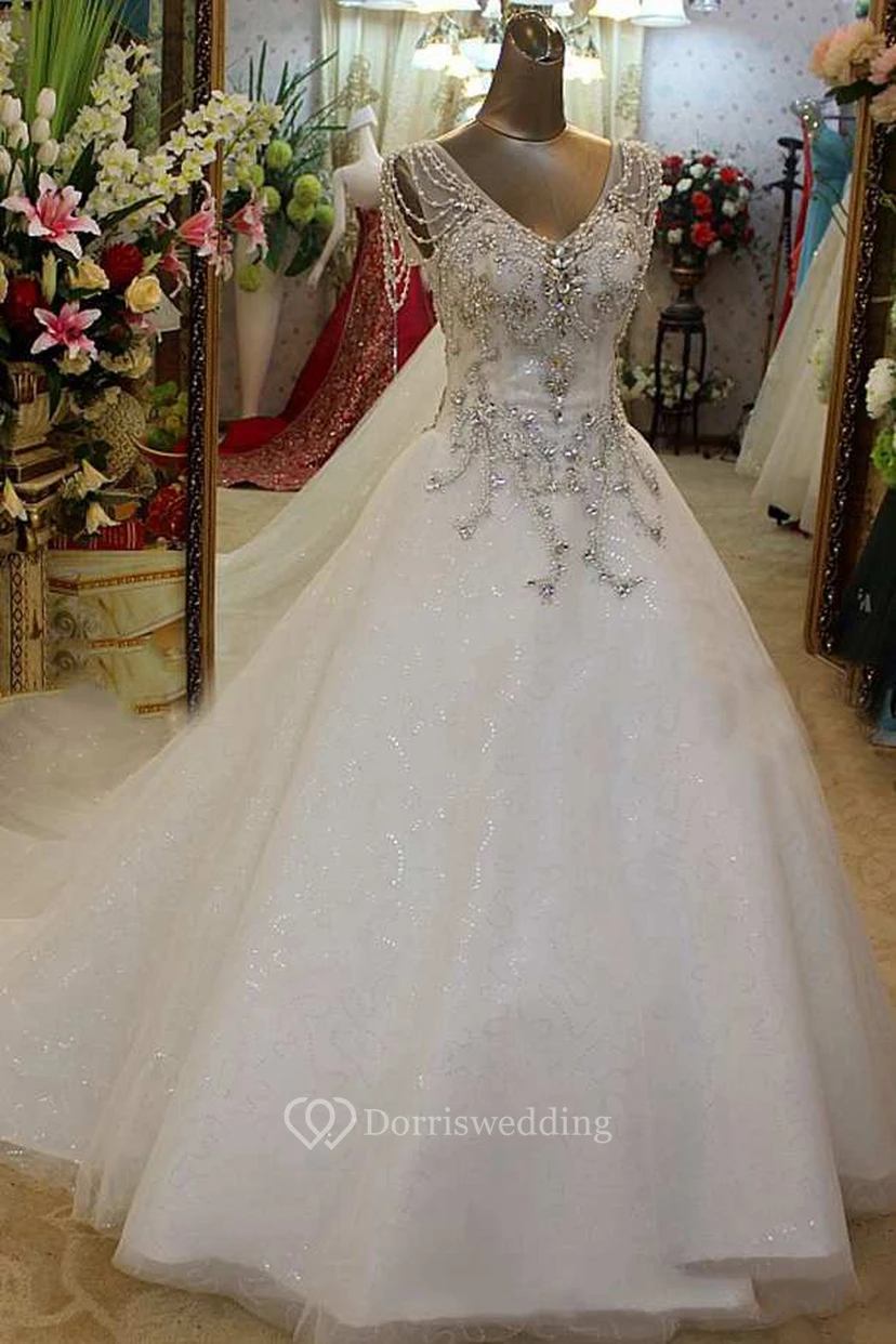 Beaded Short Sleeve Tulle Ball Gown With V Neck view 2
