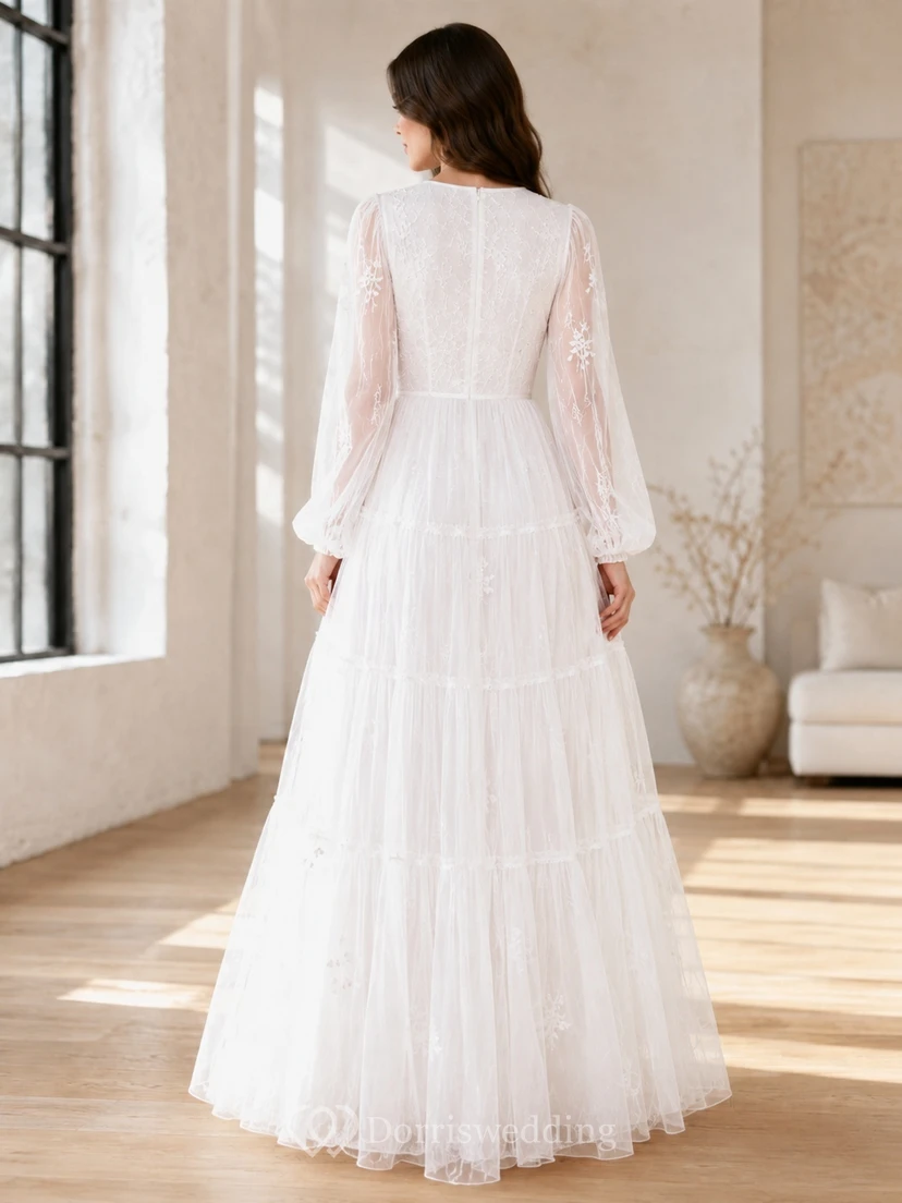 Boho Long Sleeve Jewel Neck Tiered Tulle A-Line Floor-Length Wedding Dress view 2