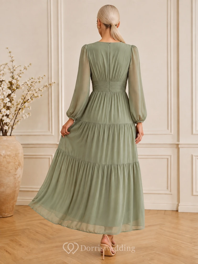 Boho Sage Ankle-Length Chiffon A-Line Long Sleeve Tiered V-Neck Dress view 2