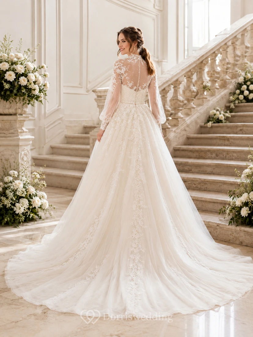 Robe de mariée de luxe en dentelle à col montant, manches trois-quarts illusion et traîne chapelle view 2