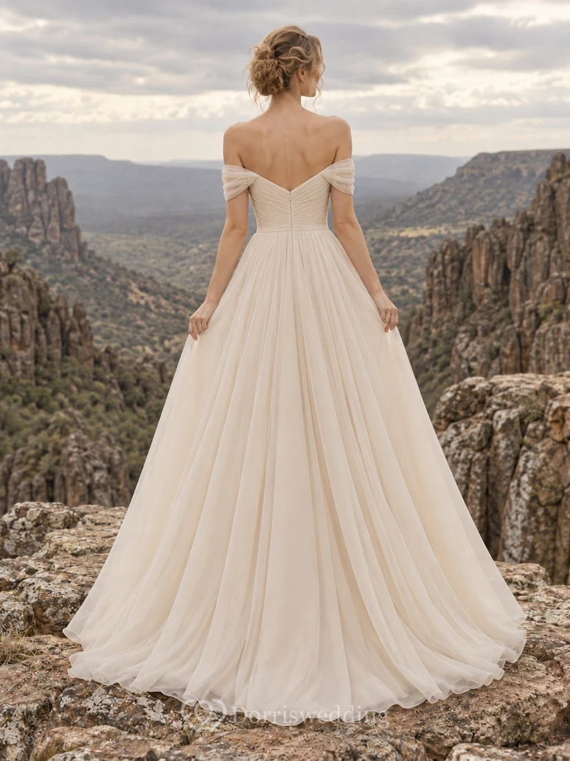 Off Shoulder Champagne Chiffon Wedding Dress with Pleated Sweetheart Bodice and A-Line Train view 2