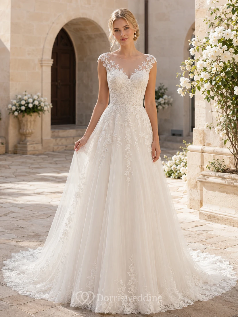 Robe de mariée romantique en dentelle, manches courtes, coupe trapèze, traîne chapelle, taille naturelle