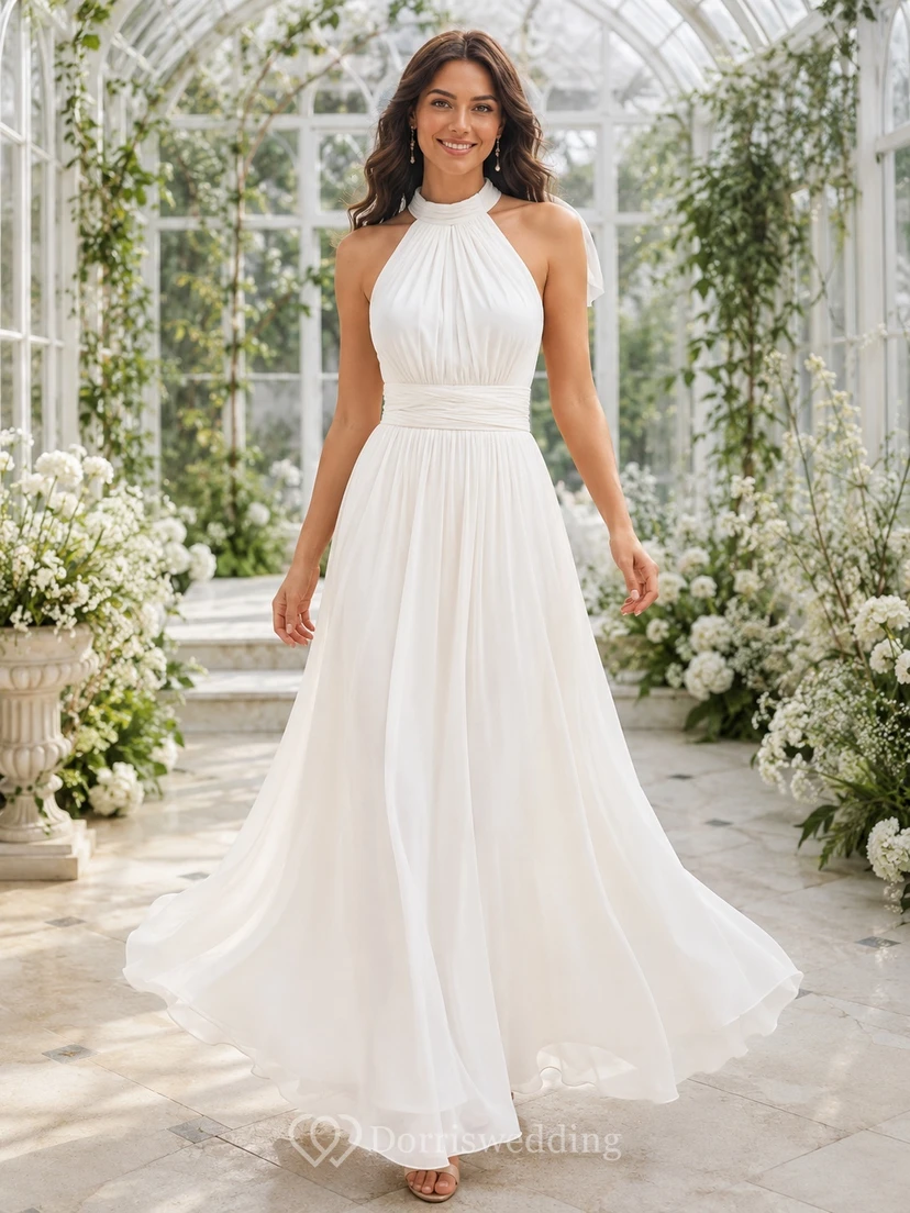 White Elegant Chiffon Bow Halter Backless Garden Evening Gown