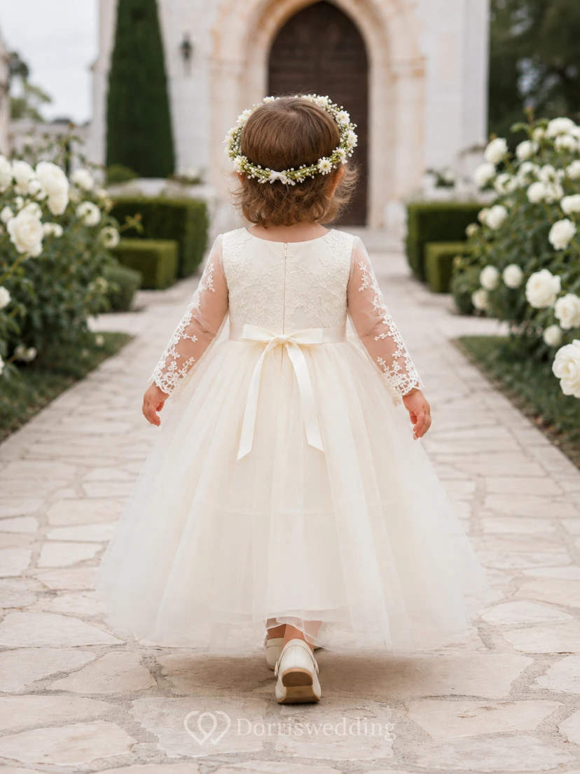 Baptism Dress A-Line Tulle Lace Jewel Neck Long Sleeve Tea-Length