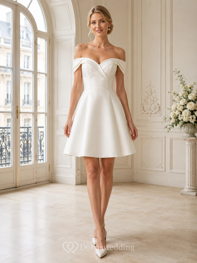 Vestido moderno corto de satén con escote de hombros descubiertos y corte en A para recepción de boda civil