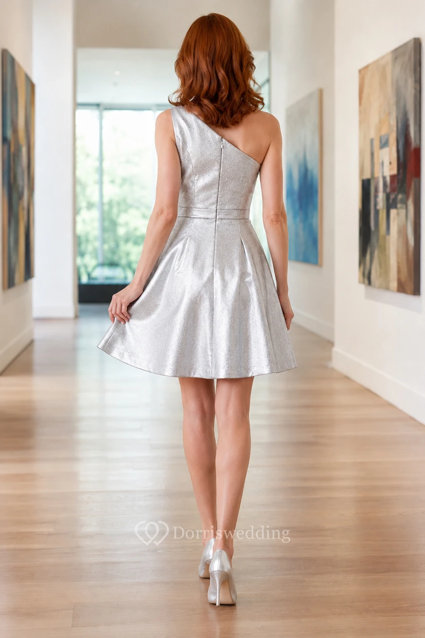 Silver Metallic One-Shoulder A-Line Short Cocktail Dress for Homecoming, Cocktail Party, and Wedding Guest Events view 2