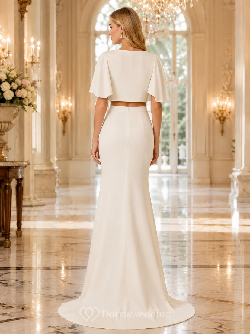 Zweiteiliges Brautkleid im Meerjungfrauenstil mit Cape-Ärmeln und schwarzem Bindeband view 2