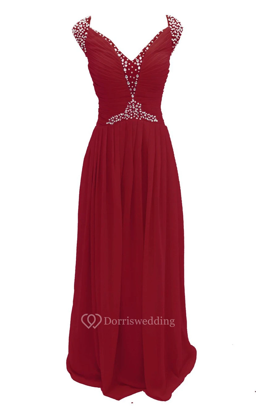 Cap-sleeve V-neck Chiffon A-line Gown With Crystal Detail view 3