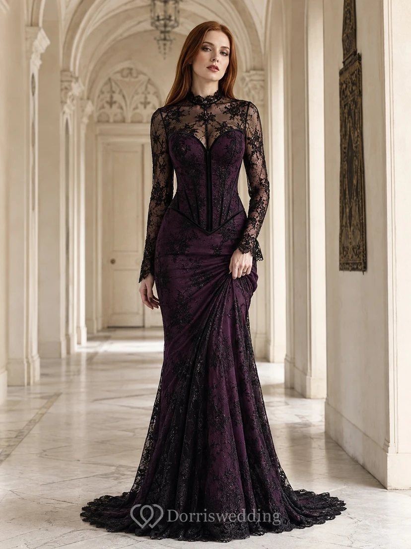 Burgunderrotes schwarzes Meerjungfrauenkleid mit hohem Kragen, langen Ärmeln und Schleppe aus Spitze