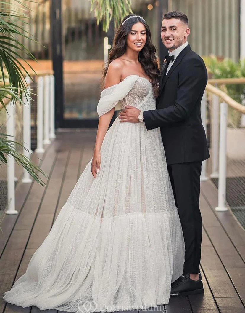 Modern Off-Shoulder Tulle Wedding Dress with Tiered Skirt