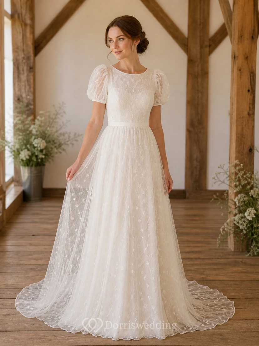 Vestido de novia sencillo de corte A con escote joya y mangas cortas, estampado de lunares y efecto ilusión.
