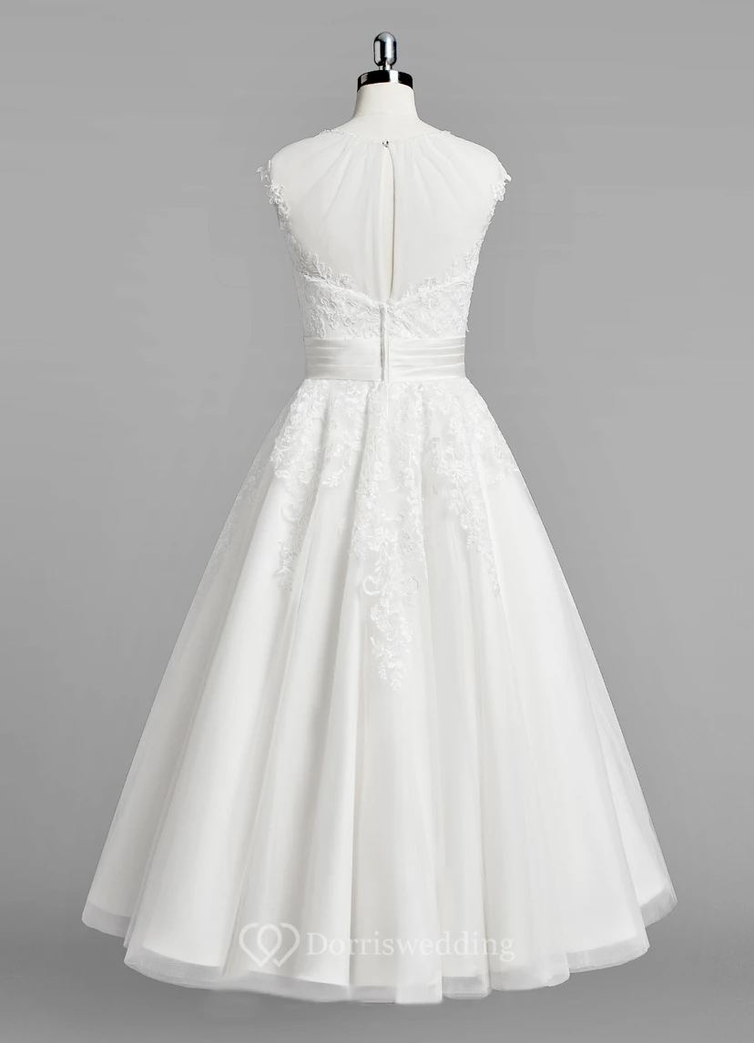 Jewel Neck Cap Sleeve A-Line Lace Tea Length Wedding Dress With Ruched Belt view 3