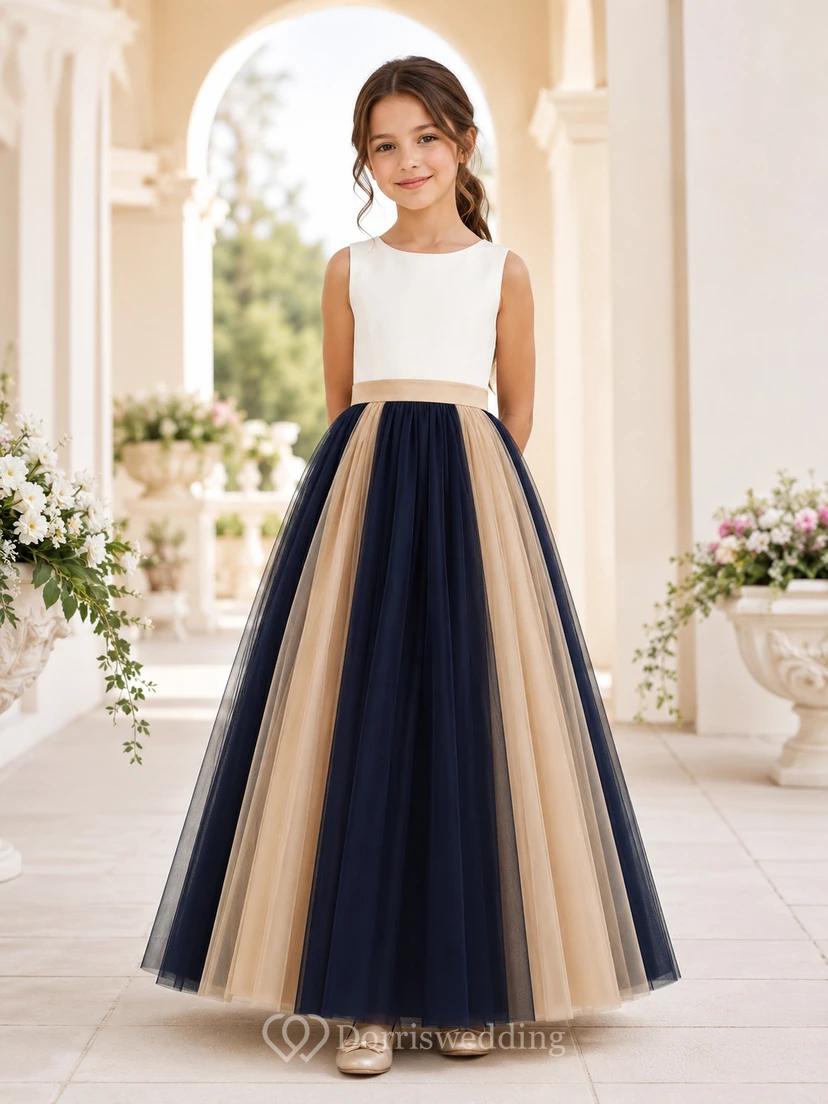 Dark Navy Color Block A-Line Tulle Flower Girl Dress, Sleeveless Jewel Neck, Pleated Floor-Length Formal Ceremony