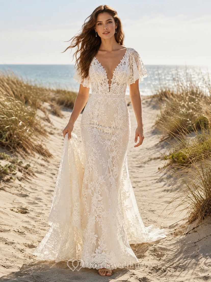 Beach Plunging V Neck Flutter Sleeve Lace Sheath Illusion Back Wedding Dress
