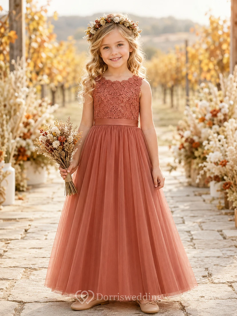 Flower Girl Dress A-Line Papaya Lace Tulle Sleeveless Fall Wedding