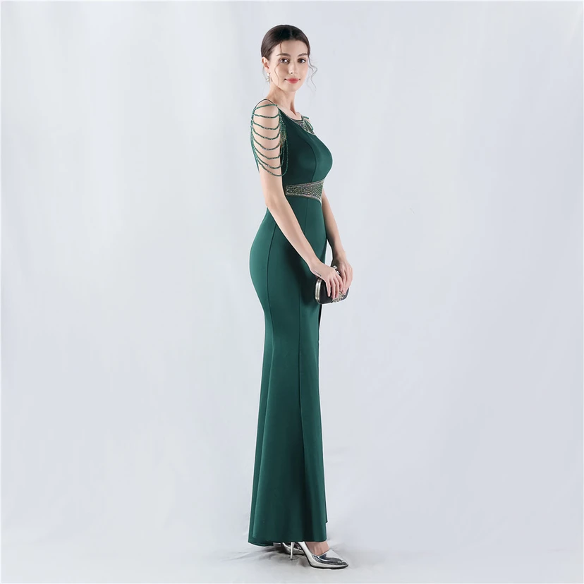 Heavy Hot Diamonds For Transparent Mesh High-Slit Satin Evening Dress Annual Meeting Wedding view 14