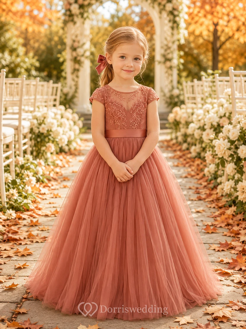 Flower Girl Dress A-Line Papaya Lace Tulle Cap Sleeve Formal Garden