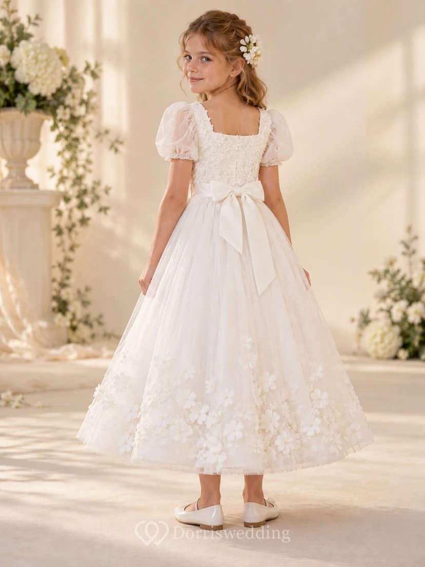 Square Neck Ivory Puff Sleeve Floral Applique Bow Sashed Ankle-length Tulle Flowergirl Dress view 2
