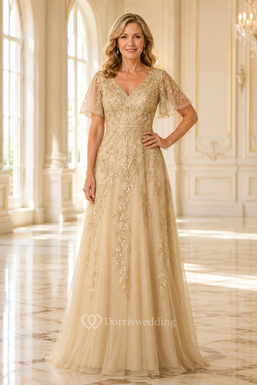 MOB Dress Champagne Lace Tulle A-Line Short Sleeve V-Neck Floor Length
