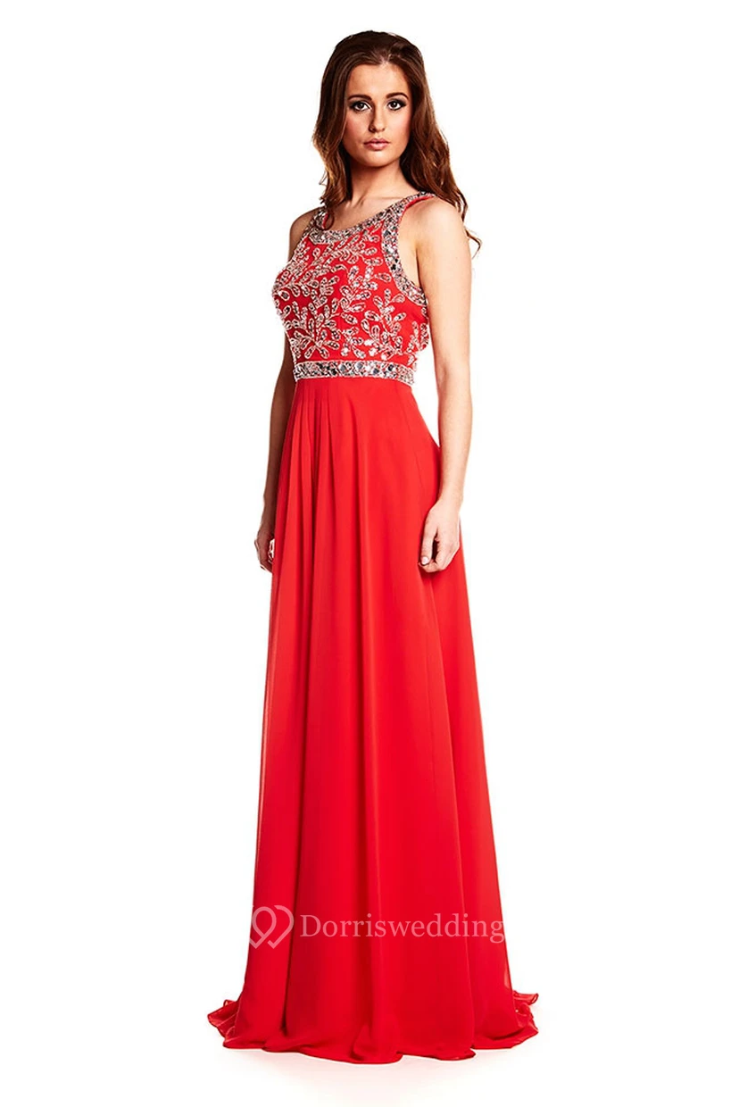 A-Line Scoop Sleeveless Beaded Floor-Length Chiffon Prom Dress With Zipper Back view 3