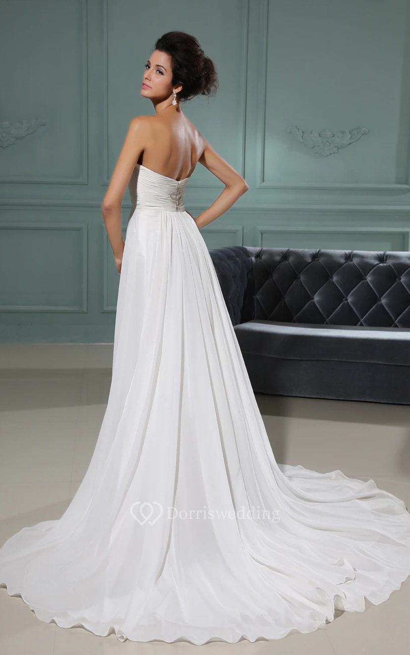 Strapless A-Line Chiffon Dress With Ruching Bodice and Applique view 6