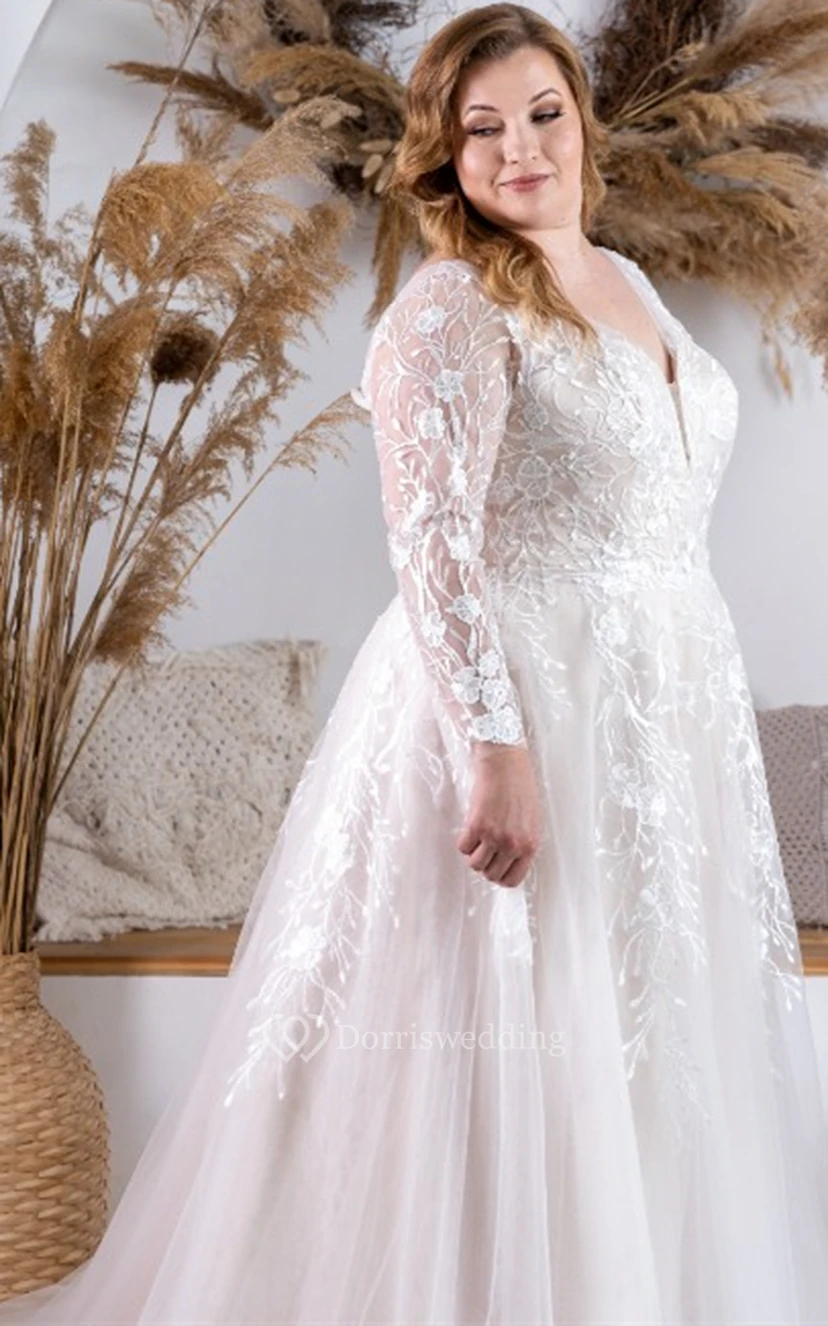 Plus Size A Line Tulle Plunging Neckline Wedding Dress with Appliques view 4