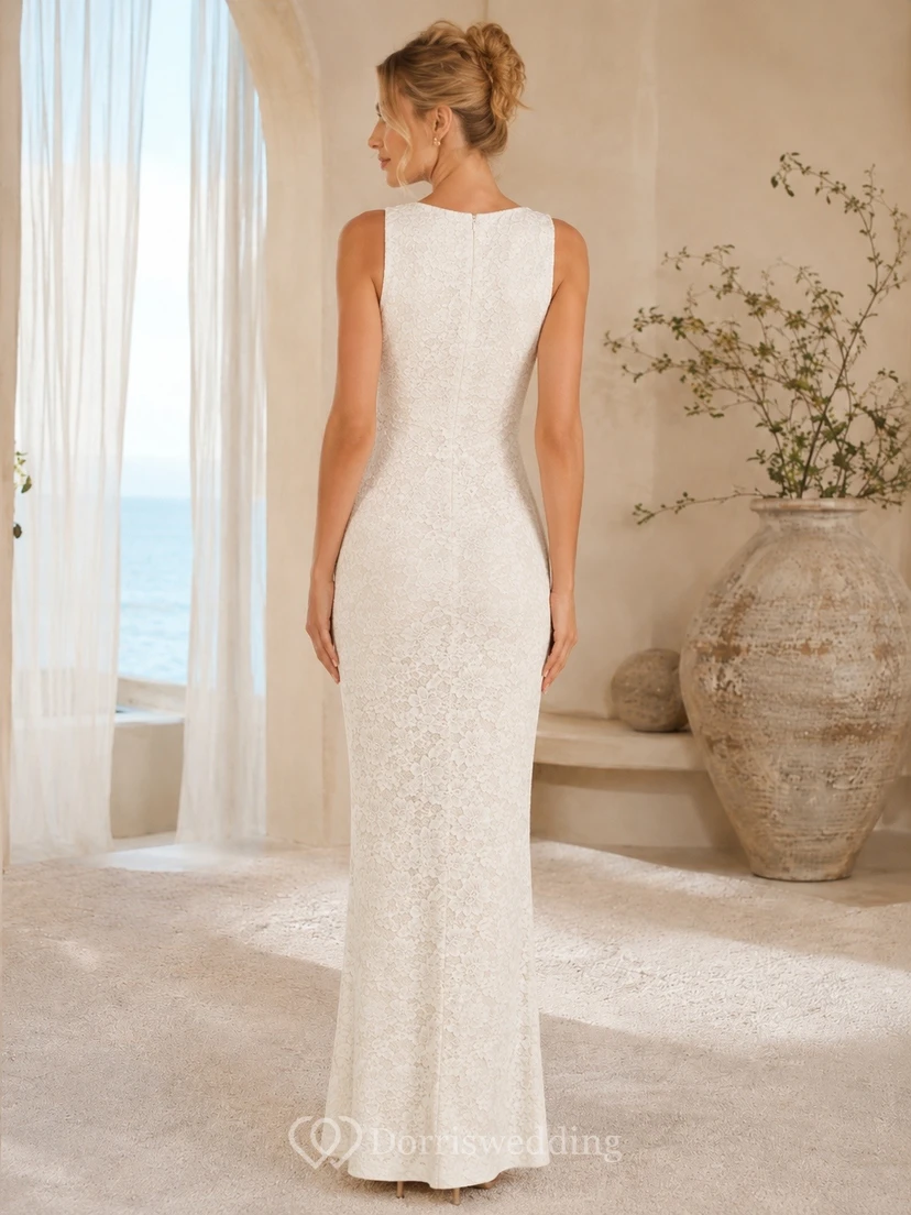 Ivory Sleeveless High Neck Floor-Length Stretch Lace Sheath Formal Dress view 2