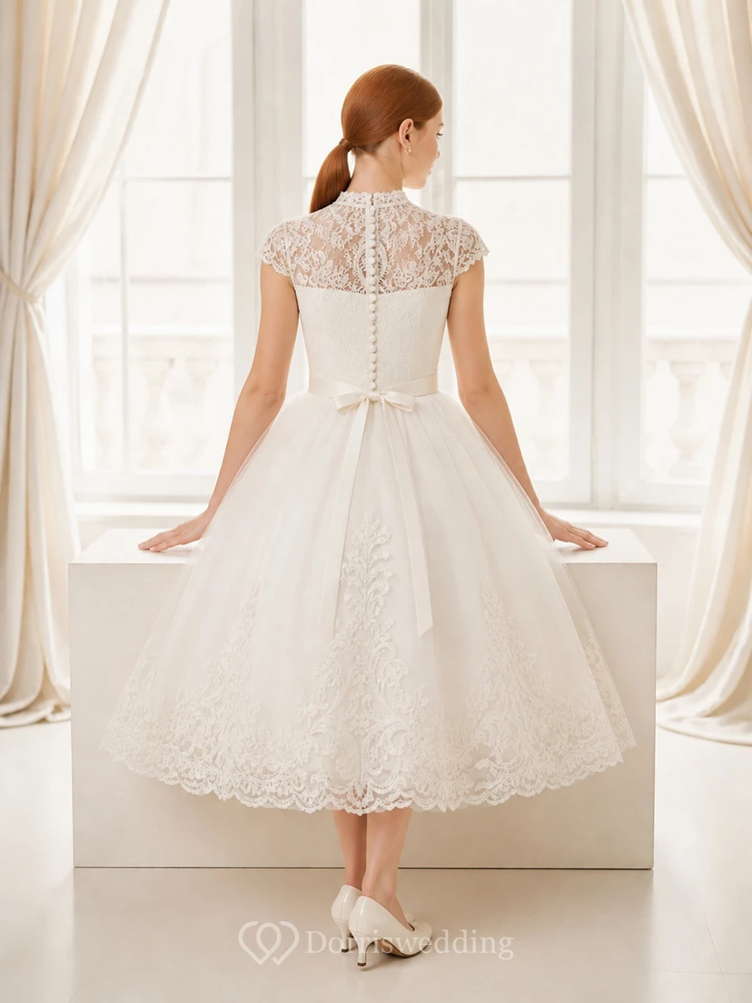 Vestido de novia civil vintage de corte A hasta la rodilla con cuello alto y mangas cortas view 2