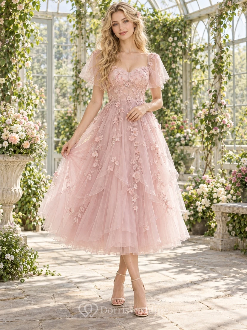 Fairy Tea-length Blush Sweetheart Flutter Sleeve Floral Layered Tulle Dress