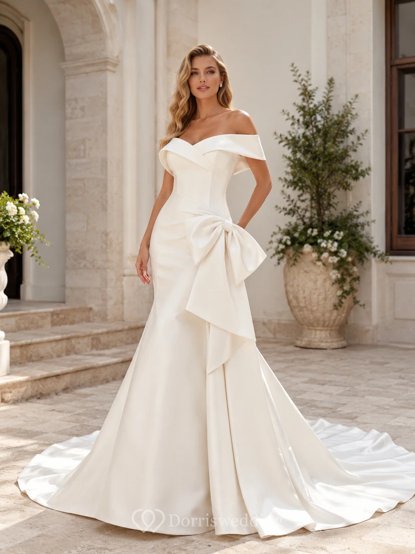 Satin Wedding Dress A-Line Strapless Sweep Train Bridal Gown