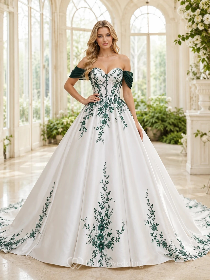 Emerald Botanical Bridal Ball Gown Off-the-shoulder Short Sleeve Cathedral Train Romantic Elegant Gown