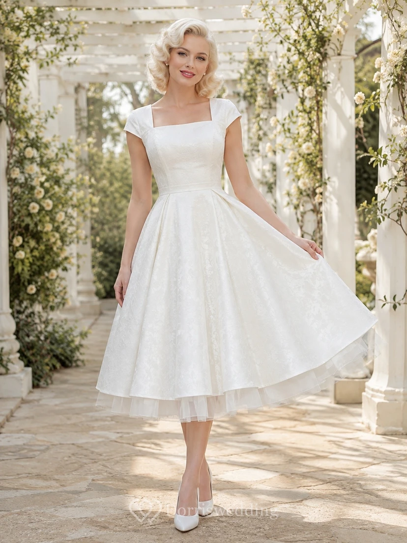 White Square Neck Cap Sleeve Satin Full-Skirt Tea-Length A-Line Dress