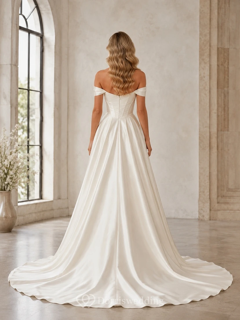 Vestido de novia formal, sencillo, romántico y elegante, con hombros descubiertos, edición B, corte en A. view 2