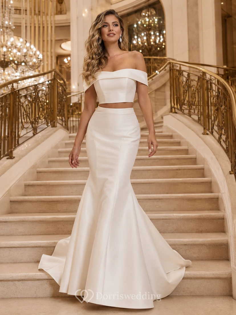 Ensemble de mariée sirène à jupe courte en satin repliable pour salle de bal et escalier