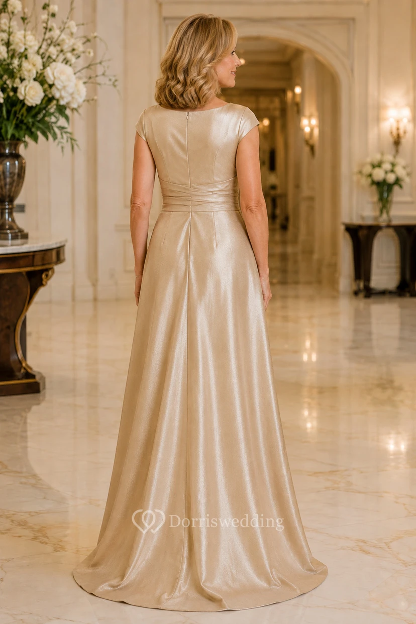 Champagnerfarbenes Satin-Kleid in A-Linie mit V-Ausschnitt für die Mutter view 2