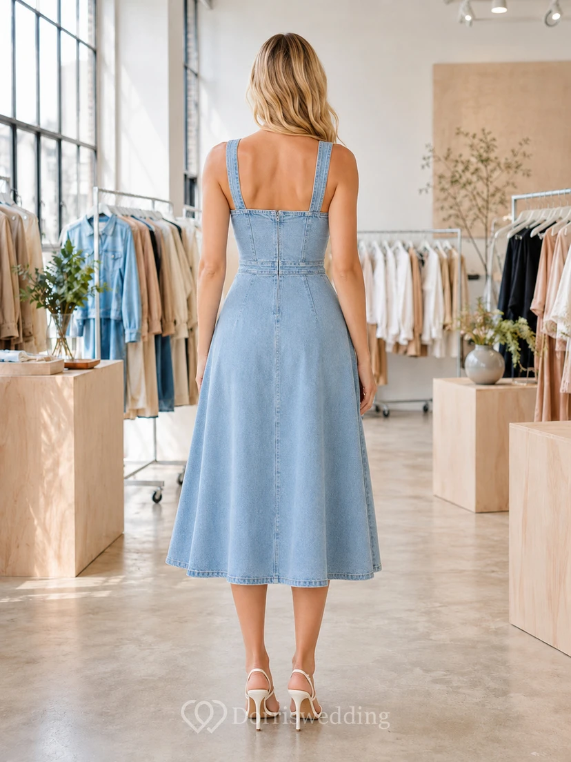 Light Denim Square Neck Sleeveless Pop Up Midi Dress view 2
