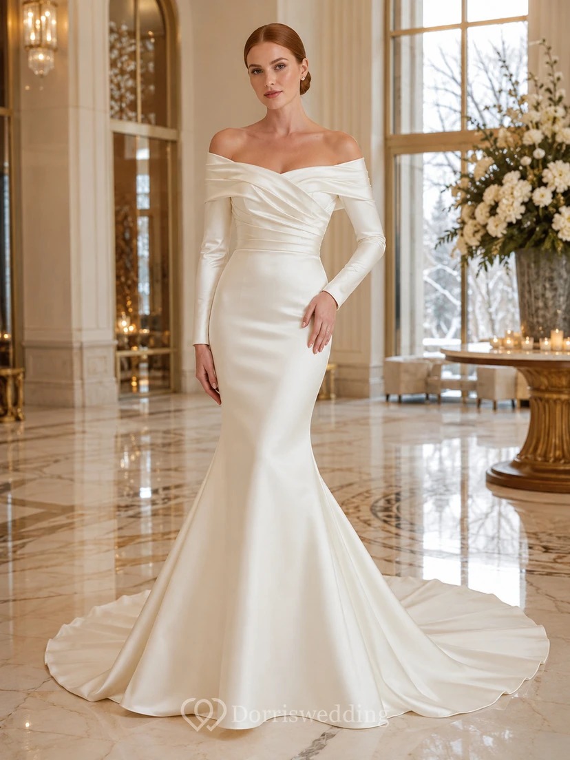 Vestido de novia minimalista de satén elástico estilo sirena con hombros descubiertos, manga larga y cola larga.