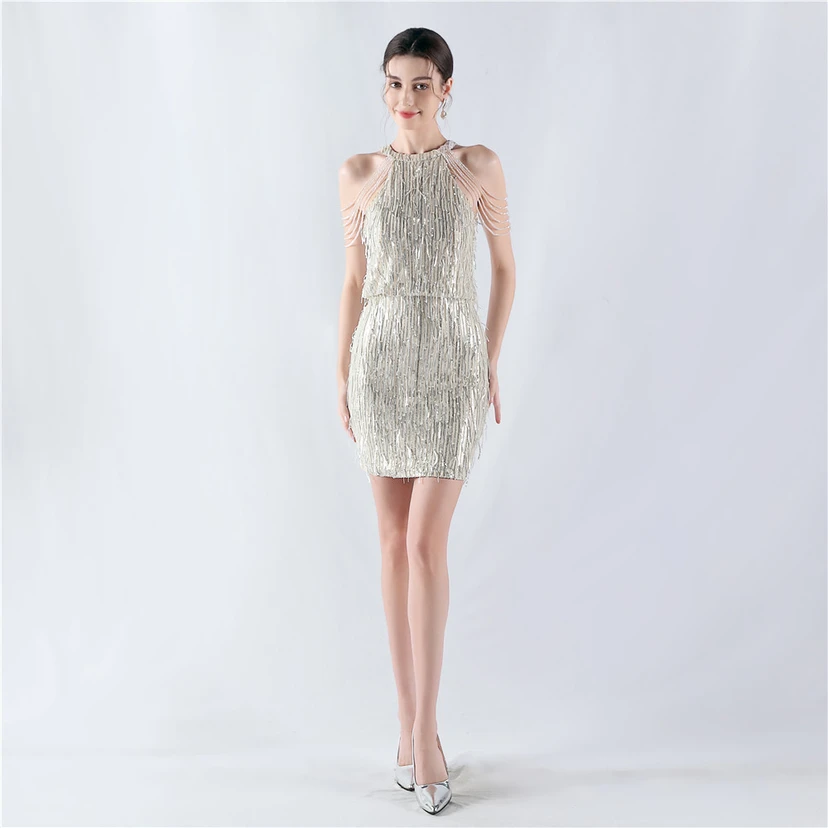 Tassel Sequined Halter Neck Beaded Sexy Hip-Wrapped Nightclub Short Dress view 11