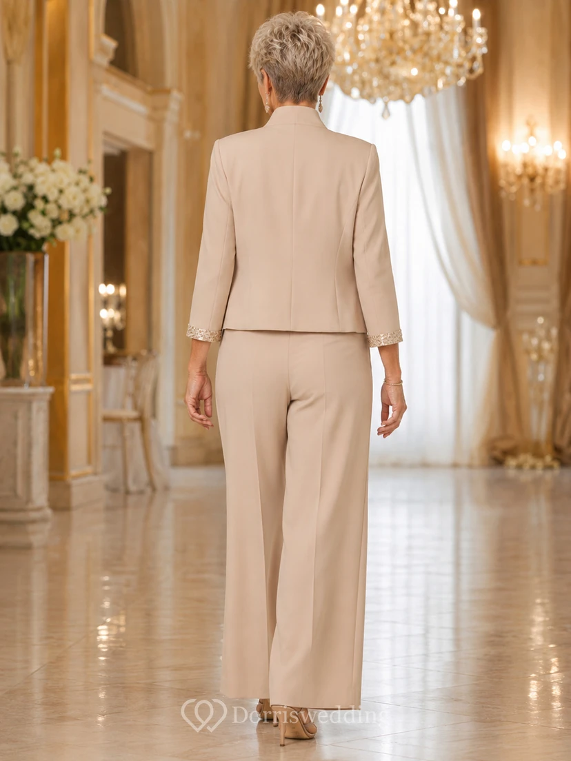 Champagnerfarbener, moderner Paillettenblazer mit kurzem Schnitt und weitem Bein, bodenlanger, formeller Hosenanzug für die Mutter der Braut view 2