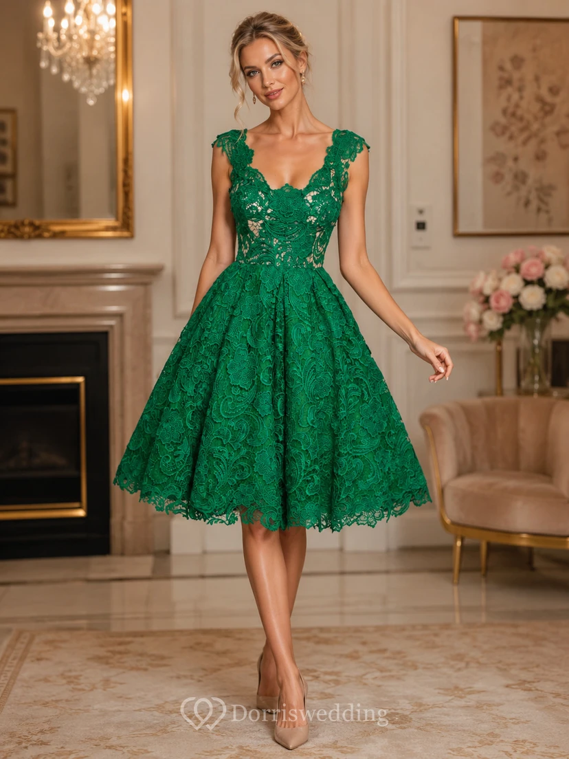 Cap Sleeve Scoop Neck A-line Knee Length Lace Dress